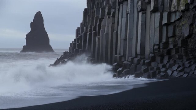 Dramatic Icelandic black sand beach with powerful ocean waves crashing against basalt columns and a distant sea stack under a moody overcast sky showcasing raw natural beauty and geological formations