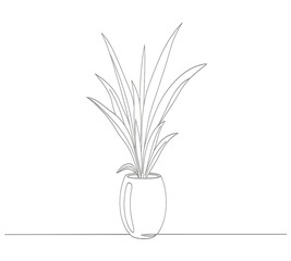 Minimalist line art depicting a potted plant with long slender leaves and a rounded vase
