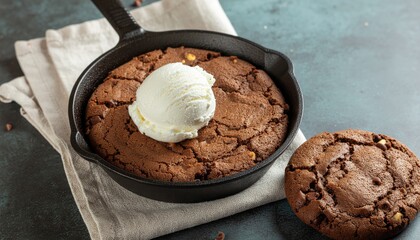 Warm Chocolate Skillet Cookie Topped with Vanilla Ice Cream Scoop