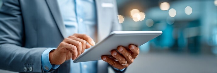 A handsome businessman using a touchscreen tablet in a modern office environment setting.