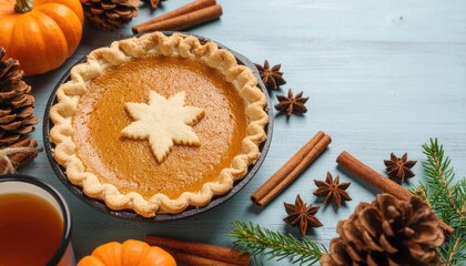 Pumpkin Pie with Decorative Crust Surrounded by Cinnamon and Star Anise