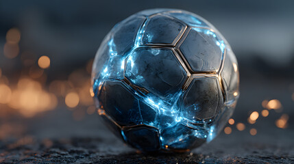 Naklejka premium glowing futuristic soccer ball on a shiny dark reflective surface with vibrant blue neon light and scattered orange sparks in the background