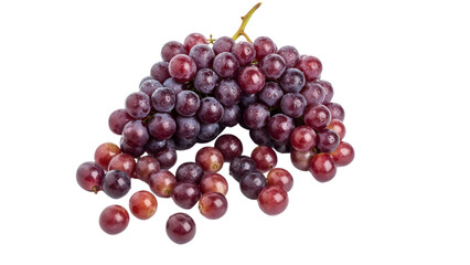 A cluster of dark-red grapes on a black background. Some grapes are still attached, others are loose, creating a natural look