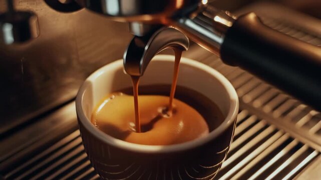 Espresso Pouring Into Cup in Coffee Shop With Stainless Machine