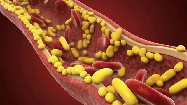 Medical animation showing blood flowing through an artery as yellow cholesterol plaques accumulate along the vessel walls, illustrating atherosclerosis, blocked circulation, and cardio