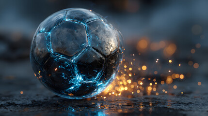 Fototapeta premium glowing futuristic soccer ball on a shiny dark reflective surface with vibrant blue neon light and scattered orange sparks in the background