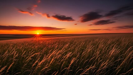 Obraz premium Golden hour illuminates a vast field of dry grass, casting warm, soft light during a breathtaking sunset