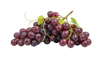 Fototapeta premium A vibrant cluster of ripe, reddish-purple grapes with lush green leaves and delicate stems against a dark background