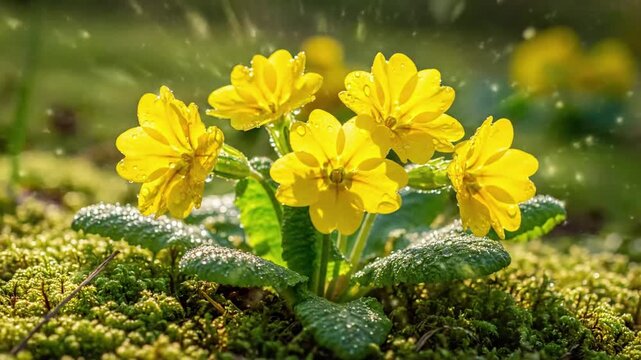 Enchanted Woodland Glade Medium wide shot of a serene forest floor in early spring, clusters of primroses blooming, with subtle, shimmering light particles gently dancing and twinkling around the