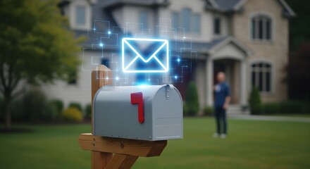Glowing email notification emerging from a residential mailbox in front of a suburban home, symbolizing digital communication, new message alerts, modern correspondence, technology integration