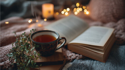 Ai cozy setup with tea, open book, and glowing lights for a relaxing evening at home with a warm atmosphere