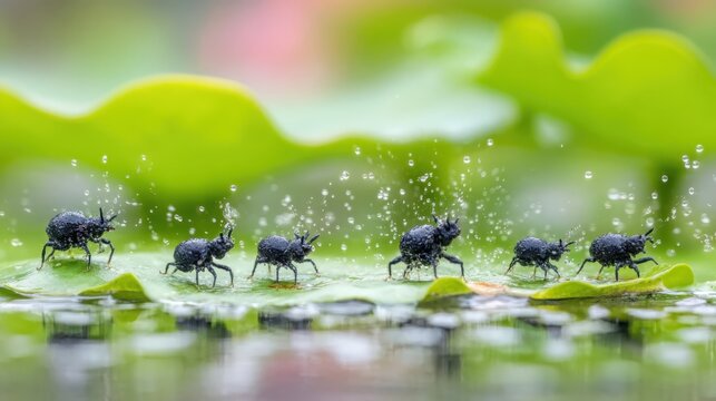 Four tiny black beetles skittering in a line across a wet green surface with sparkling water droplets.
