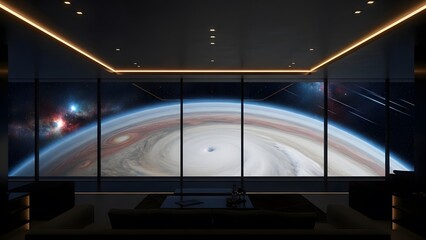 Cosmic Interior: A serene interior offers breathtaking panoramic views of the celestial sphere, showcasing a cosmic display. and evoking a sense of wonder and vastness.