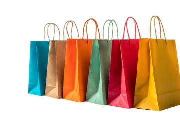 Colorful paper shopping bags in a row isolated on transparent background