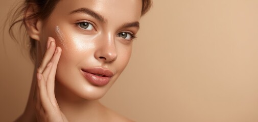 The Woman's Radiant Skincare Close-Up Portrait with Dewy Makeup and Soft Lighting