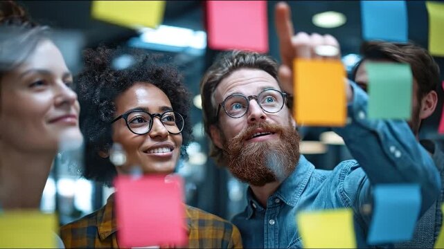 Brainstorming Brilliance: A team collaboratively brainstorms ideas with colorful sticky notes, fostering creativity and teamwork. Capturing the spirit of innovation and collaboration.