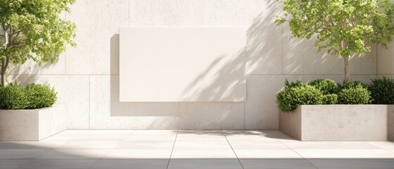 The Wall Panel in a Minimal Sunny Courtyard with Decorative Planters