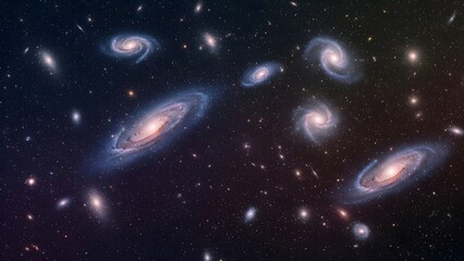 Cosmic Symphony of Galaxies: A breathtaking depiction of swirling galaxies, ablaze with stellar brilliance, gracefully scattered across the deep expanse of the cosmos.