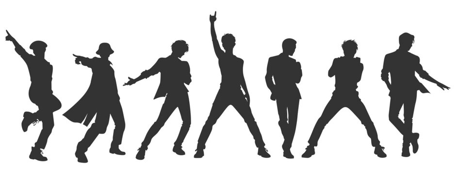 Set silhouettes vector illustrations kpop idol singing and dancing on stage. Bundle monochrome design kpop boyband. Male dancer, rapper, singer with various style, pose, gesture and choreography.