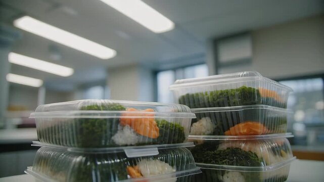 Stack of Sushi Bento Boxes in Clear Plastic in Office Interior