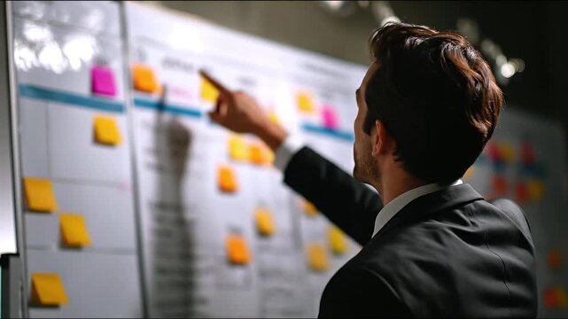 Strategic Vision: An ambitious professional passionately points out key objectives on a collaborative strategy board, embodying focused determination in a modern office.