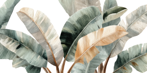 Watercolor depiction of overlapping broad leaves in various hues of green, brown and neutral tones