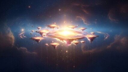 Celestial Island Fantasy: A breathtaking vision of floating islands bathed in a celestial glow, set against the backdrop of a starry galaxy, creating an atmosphere of wonder and fantasy.