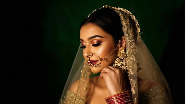 Graceful portrait of a bride in traditional attire with delicate jewelry and veil