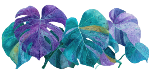 Watercolor illustration of tropical leaves in hues of purple, blue, and teal with intricate details