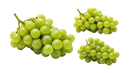 Three isolated bunches of green grapes against a black background. Each cluster exhibits a collection of round, juicy fruit