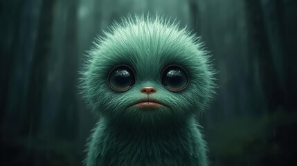 Fototapeta premium Sad Green Fluffy Monster Standing In Rainy Forest Mood Scene – Generative AI