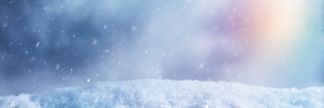 Winter wonderland: snowy landscape with falling snowflakes and subtle rainbow light