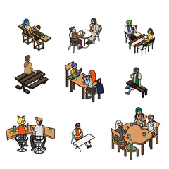テーブルやベンチで座って過ごす人々の休憩・会話シーンのイラスト素材セット