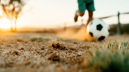 A young athlete energetically kicks a soccer ball on a dusty field as the sun sets, capturing the joy and spirit of play and competition in this vibrant scene.