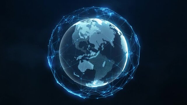 An artistic digital representation of Earth encased within a sphere of interconnected nodes, signifying global networks. Illuminating the intricate dance of modern connectivity. 