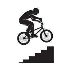 Naklejka premium Extreme BMX bike rider silhouette performing a jump stunt over urban stairs. High action bicycle freestyle trick in the city, black and white graphic.
