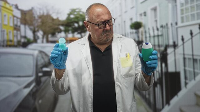 Man doctor in white coat holding dental floss dispenser and a green toothpaste bottle with blue gloves while inspecting products on a residential street; concern oral care advice.