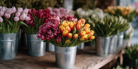 Colorful tulips in metal buckets at rustic floral market display