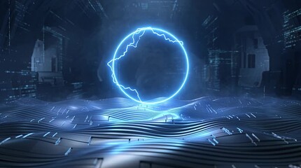 Futuristic electric ring portal with glowing blue energy on a metallic wavy landscape futuristic, technology. - Powered by Adobe