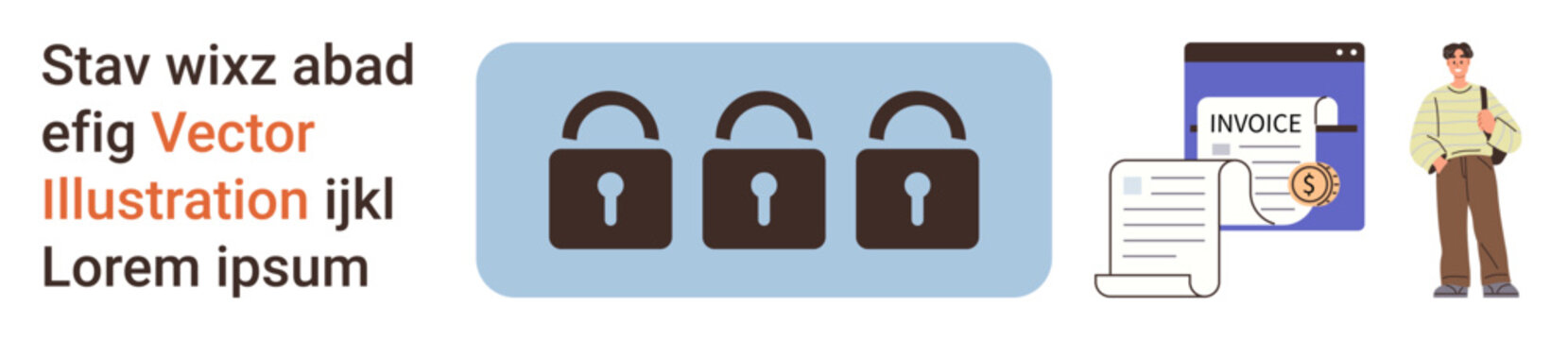 Online security, payment processing, invoice management, budgeting, privacy, financial technology. Three lock symbols, invoice document and a person. Online security and payment processing concept