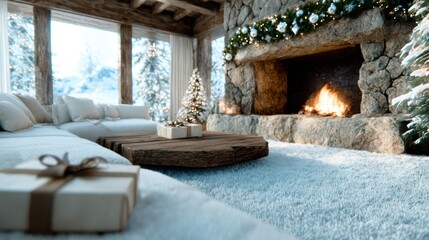 This inviting winter living room features a beautifully decorated fireplace, a Christmas tree, and cozy furnishings, perfect for creating a warm holiday atmosphere.