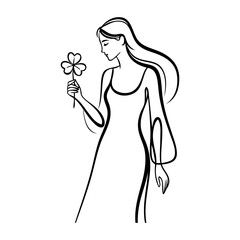 D&iacute;a de San Patricio. Dibujo sencillo con l&iacute;neas de mujer de pie con tr&eacute;bol de 3 hojas en la mano 