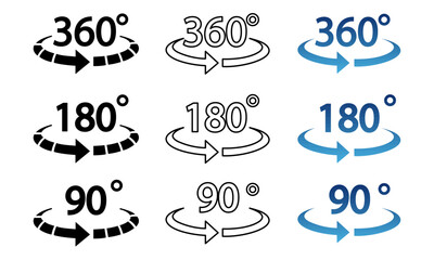 180, 90, 360 degrees vector icon set. Round signs with arrows rotation to 180 degrees.180 degree angle half circle than 360 degree. 180 degrees logo, label, badge, symbol, banner, black, line, isolate