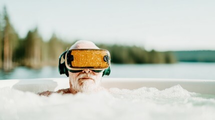 A serene elderly man relaxing in a hot tub, fully immersed in virtual reality with a scenic background of nature enhances the blend of leisure and technology.