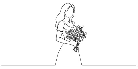 Continuous one line drawing of a girl holding a bouquet of flowers. Editable stroke