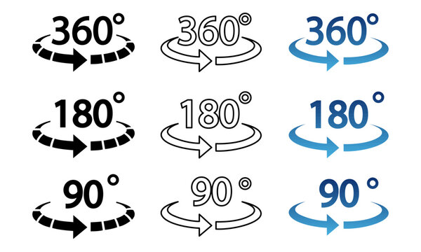 180, 90, 360 degrees vector icon set. Round signs with arrows rotation to 180 degrees.180 degree angle half circle than 360 degree. 180 degrees logo, label, badge, symbol, banner, black, line, isolate