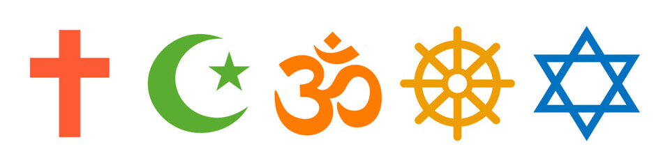 Religious Signs Set. Collection of Symbols of Various Religion and Faith Icons Isolated on Blue Background Vector Illustration. Islam, Christianity, Judaism and Others