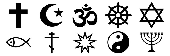 Religious Signs Set. Collection of Symbols of Various Religion and Faith Icons Isolated on Blue Background Vector Illustration. Islam, Christianity, Judaism and Others