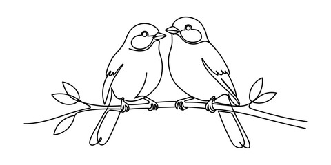 Abstract small bird perched on branch. Bird on branch continuous one line drawing. Spring season concept line art in doodle style. Sketch. Editable stroke
