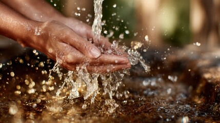 Fototapeta premium A close-up of hands catching splashes of flowing water in a serene natural setting, showcasing the purity of water and the refreshing feeling of cleanliness and rejuvenation.